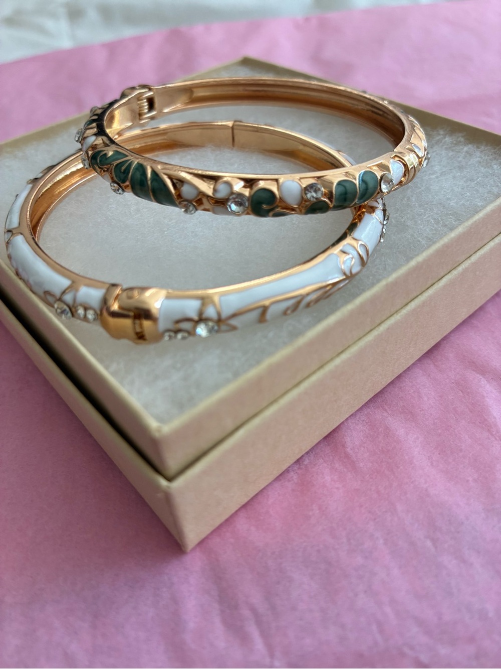 Natasha Couture Gold-Tone White & Green Enamel Bangle Set